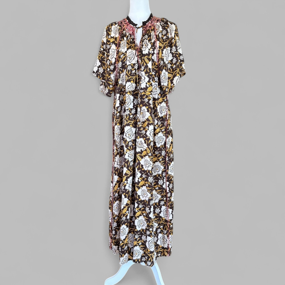 Natural Life Floral Maxi Muumuu Dress Large Brown Cream